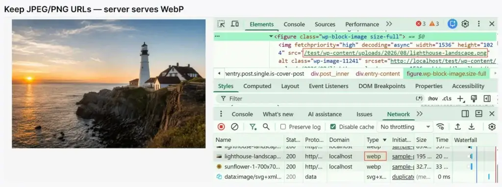 Frontend: server serves WebP, original URL remains