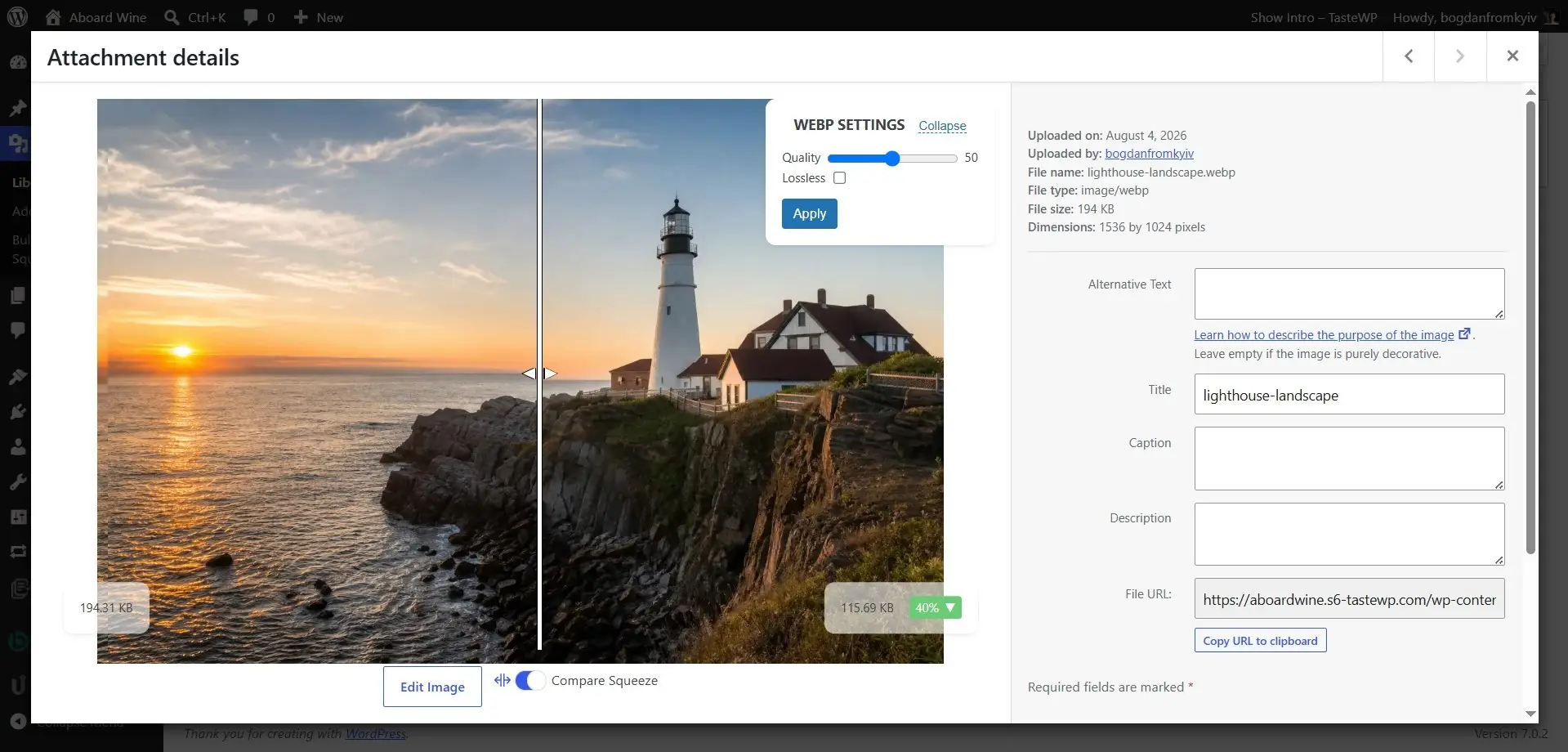 Squeeze Premium Media Library comparison showing original and compressed image file sizes