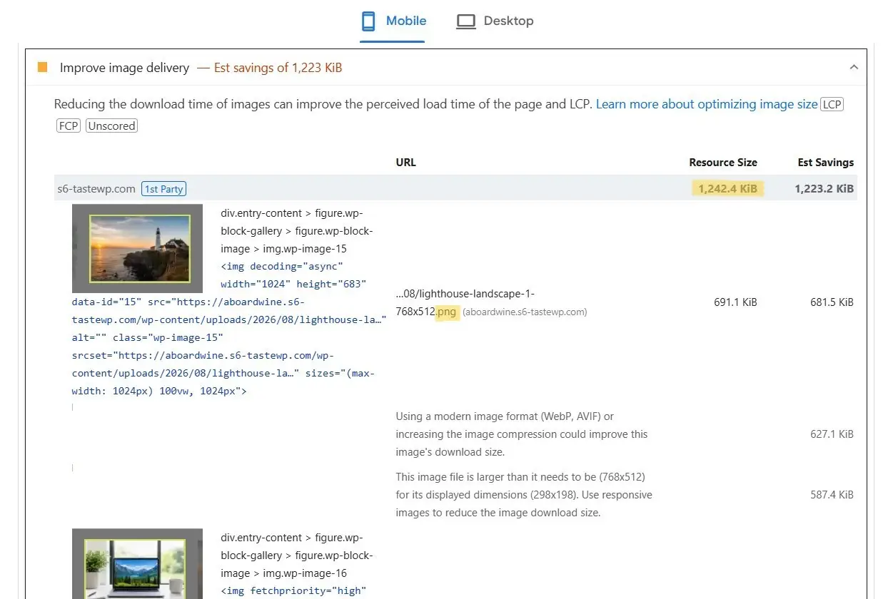 Google PageSpeed Insights Opportunities report highlighting efficiently encode images and next-gen image formats
