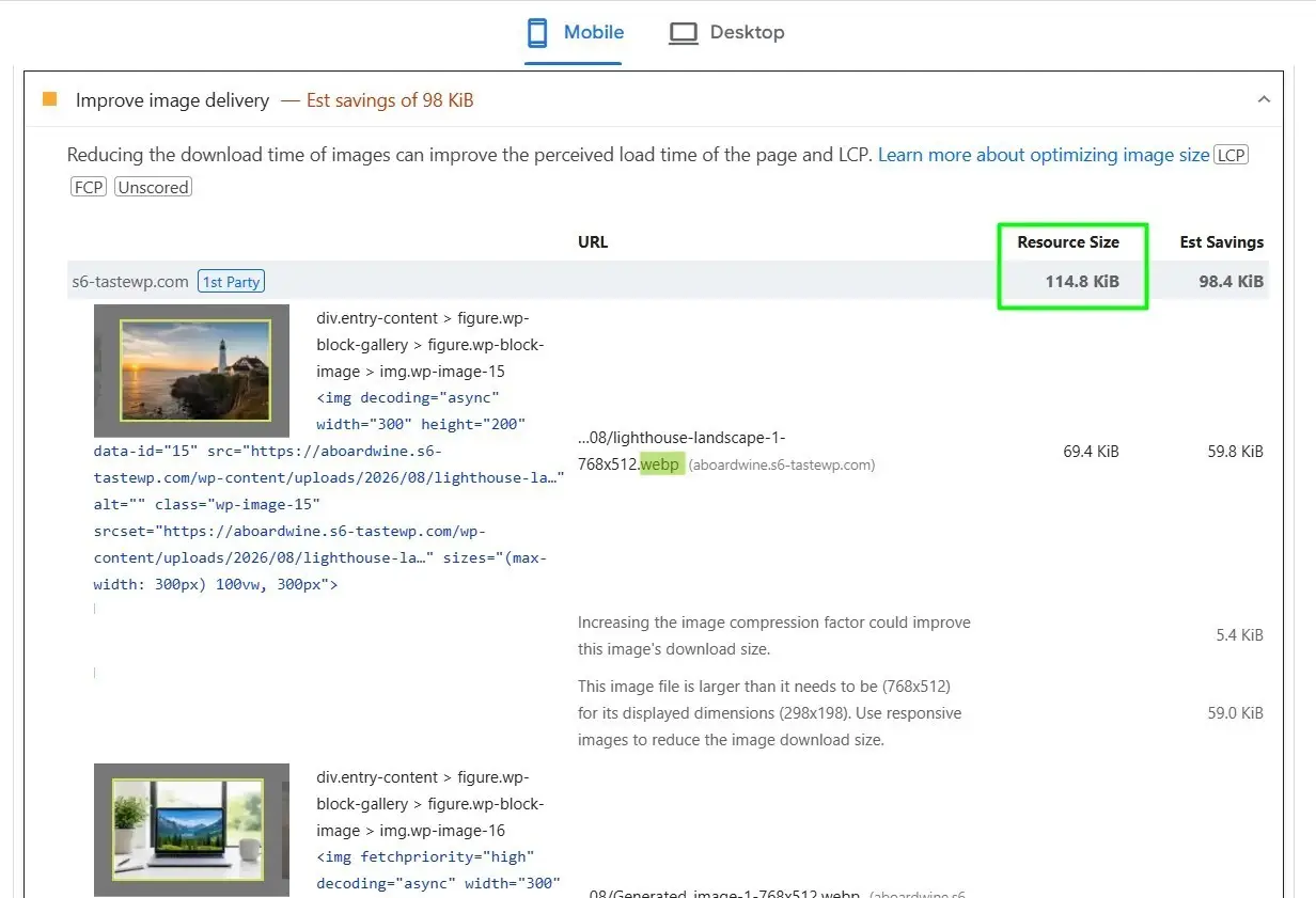 Google PageSpeed Insights report after WordPress image compression showing fewer image opportunities