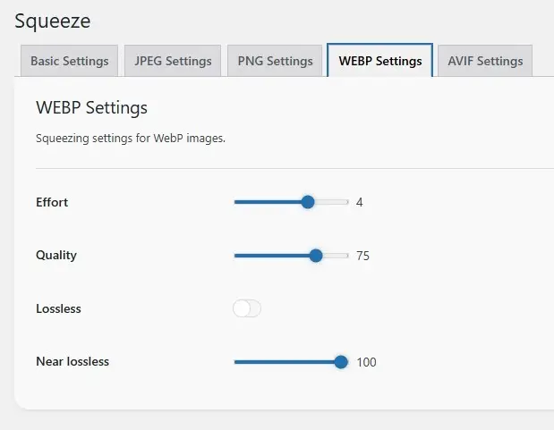 Squeeze WordPress plugin WebP compression quality settings